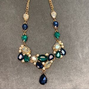 Gorgeous navy blue emerald green golden Crystal rhinestone gem jewelled necklace